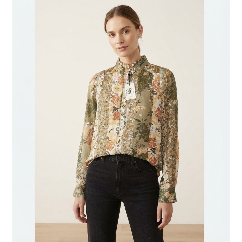 Andree by Unit Floral Patchwork Button Down Blouse Olive Green Small